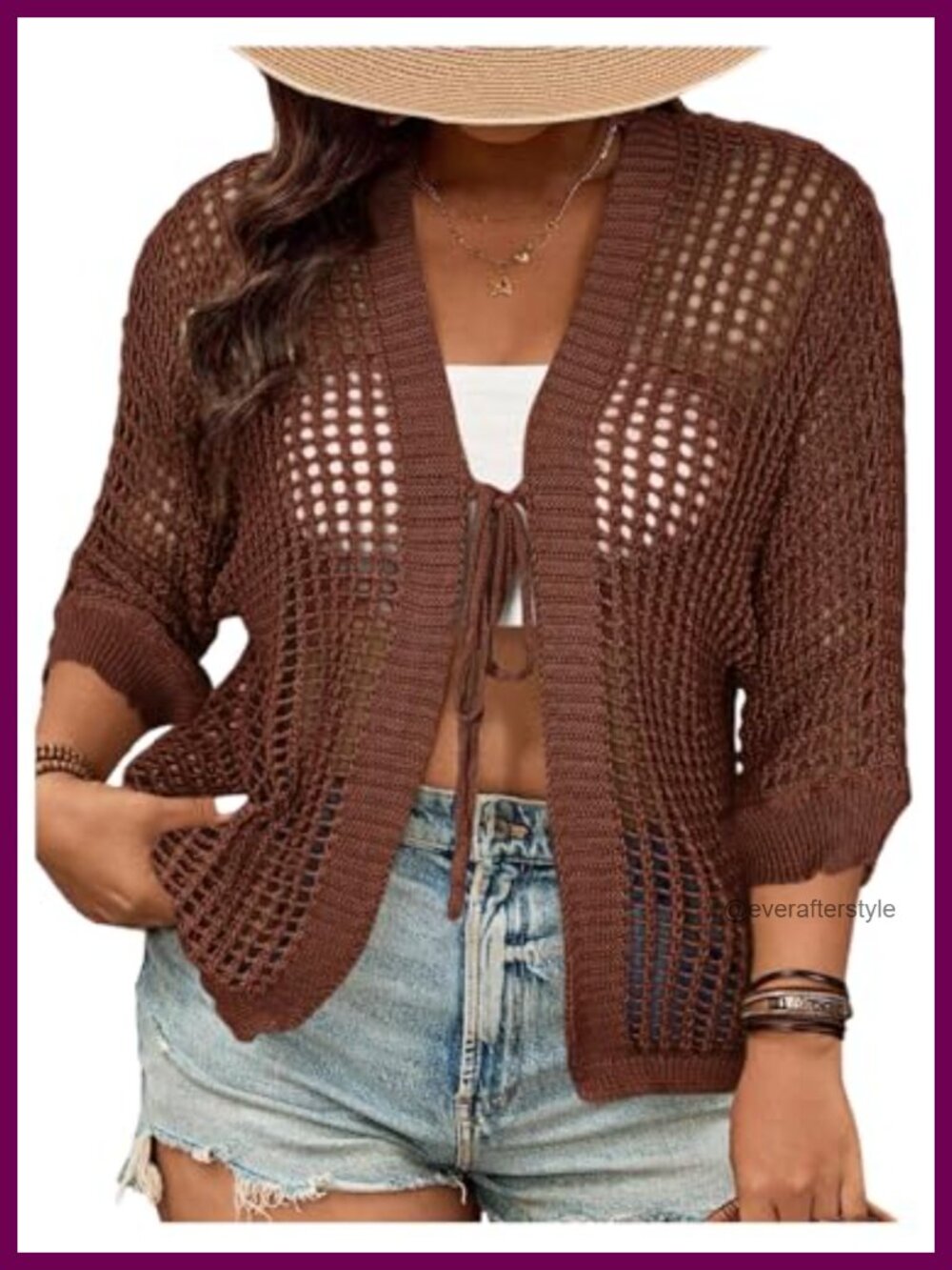 Plus Size Crochet Cardigan Tie Front Hollow Out 3/4 Sleeve Knit Top